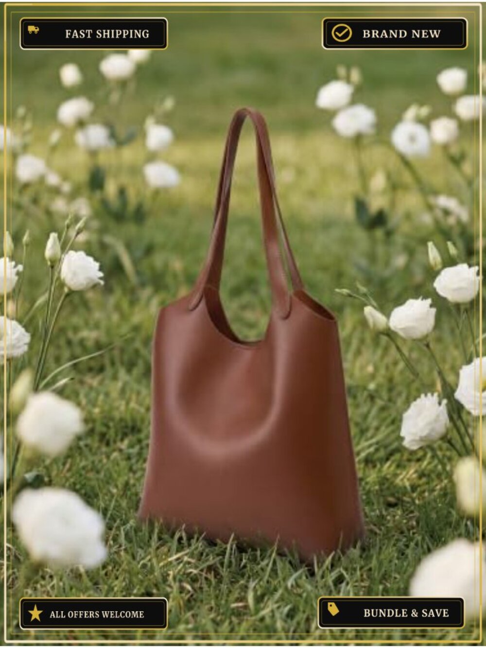 Vegan Leather Lightweight Tote Bag with Pockets - Picture 2 of 6